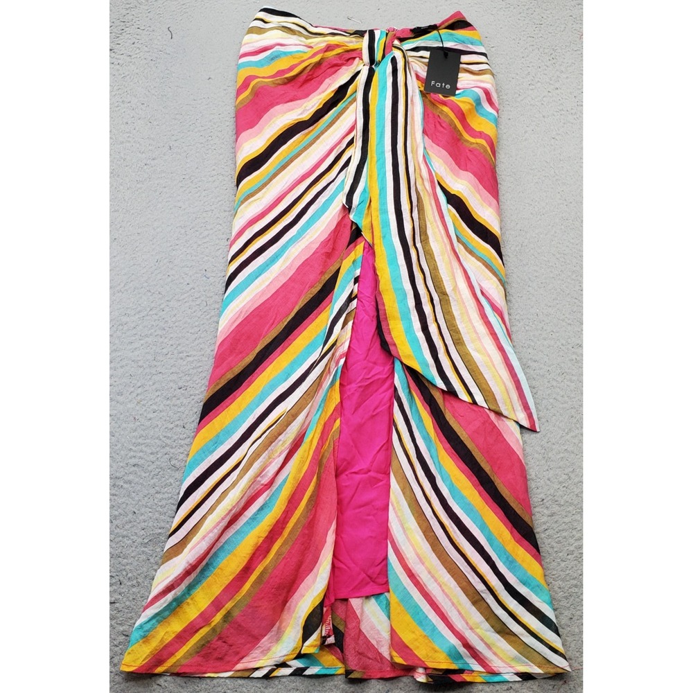Fate Maxi Skirt Womens Small Multi Striped Lined Career Tie Front Back Zipper